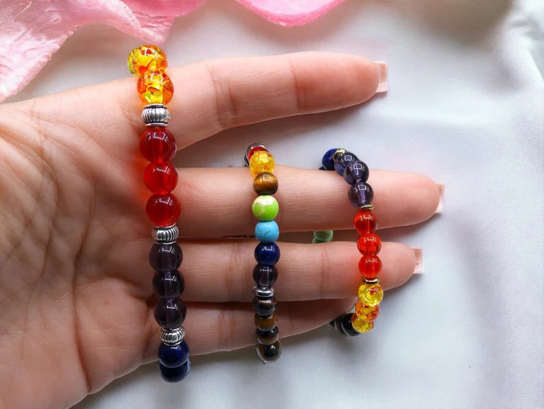 Bracelet Pierre Naturelle - 7 Chakras - Jaspe rouge Cornaline Calcite jaune Aventurine Calcite bleue Lapis-lazuli Améthyste - Equilibre