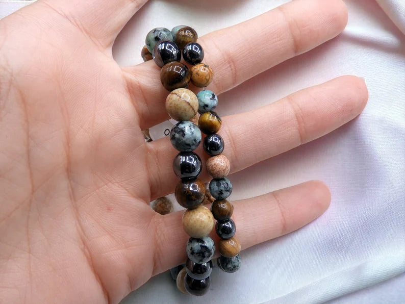 Bracelet Pierre Naturelle - Granite Multicouleur Hématite Oeil tigre - Amplifier Energies Positives Concentration Intuition