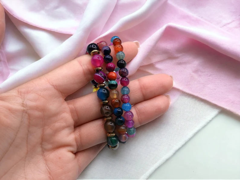 Bracelet Pierre Naturelle - Agate Multicouleur - Stress Anxiété Confiance en Soi
