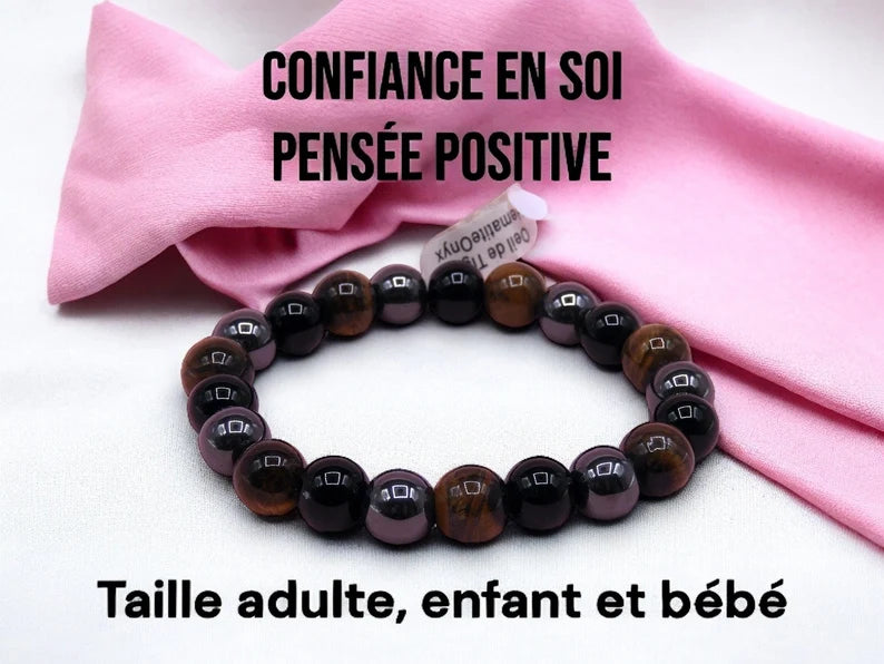 Bracelet Pierre Naturelle - Oeil du tigre Hématite Onyx - Confiance en soi Pensée Positive Ouverture d'esprit