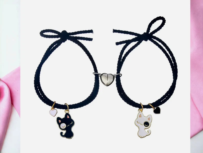 CHILD - Set of 2 Elastic Cord Friendship Bracelets Little Cat - BFF Best Friends Forever - Fantasy - Magnetic Pendant