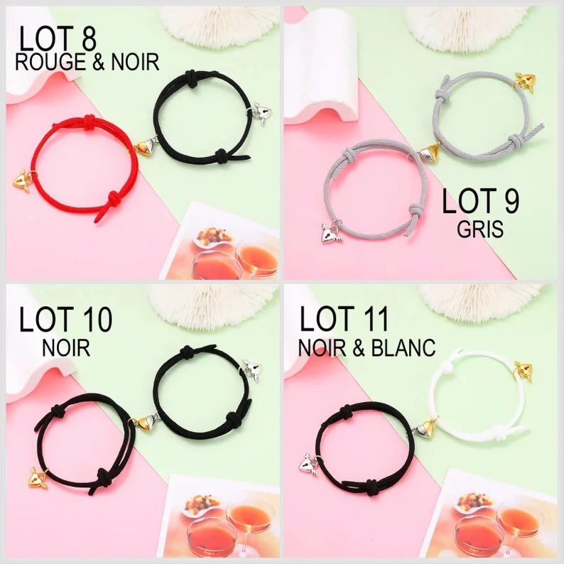 Set mit 2 verstellbaren Kordelarmbändern für Freundschaft oder Liebhaber. Geflügeltes Cadenat-Herz – BFF Best Friends Forever – Fantasy – magnetischer Paar-Anhänger
