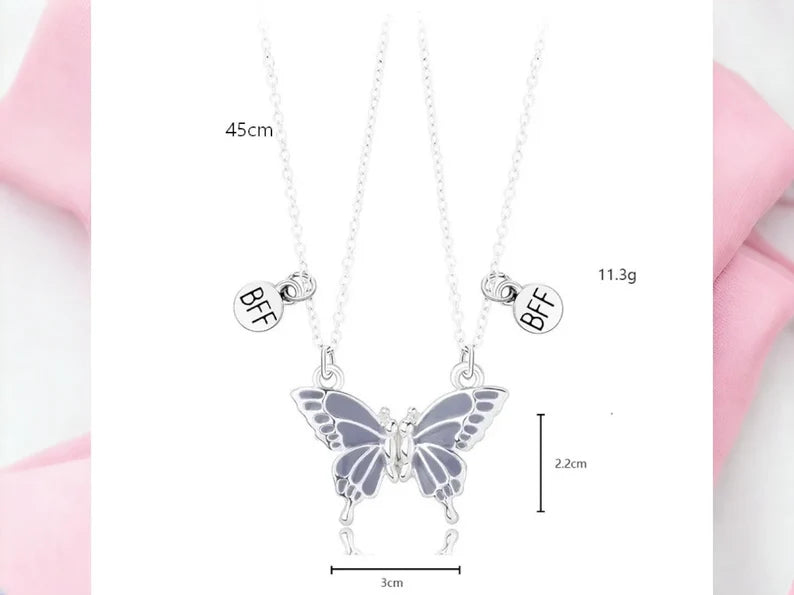 CHILDREN - Set of 2 Butterfly Friendship Necklace Chains - BFF Best Friends Forever - Fantasy - Magnetic Pendant