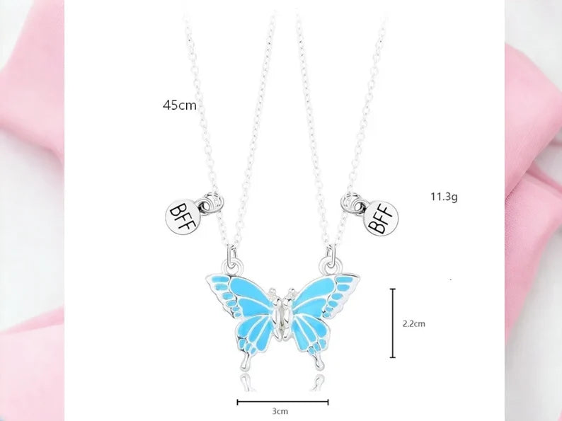 CHILDREN - Set of 2 Butterfly Friendship Necklace Chains - BFF Best Friends Forever - Fantasy - Magnetic Pendant