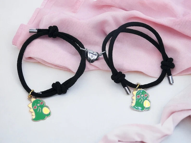 CHILD - Set of 2 Adjustable Cord Bracelets for Friendship Little Dinosaur - BFF Best Friends Forever - Fantasy - Magnetic Pendant