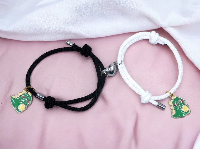 CHILD - Set of 2 Adjustable Cord Bracelets for Friendship Little Dinosaur - BFF Best Friends Forever - Fantasy - Magnetic Pendant