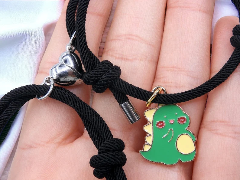 CHILD - Set of 2 Adjustable Cord Bracelets for Friendship Little Dinosaur - BFF Best Friends Forever - Fantasy - Magnetic Pendant