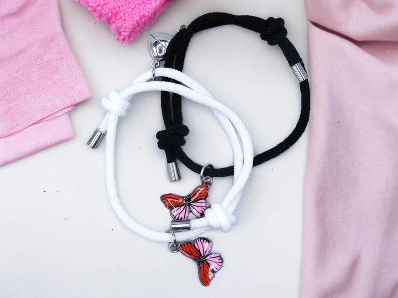 Lot de 2 Bracelets D'amitié Cordon Réglable - Papillons - BFF - Best Friends Forever - Amitié - Pendentif Aimanté Coeur