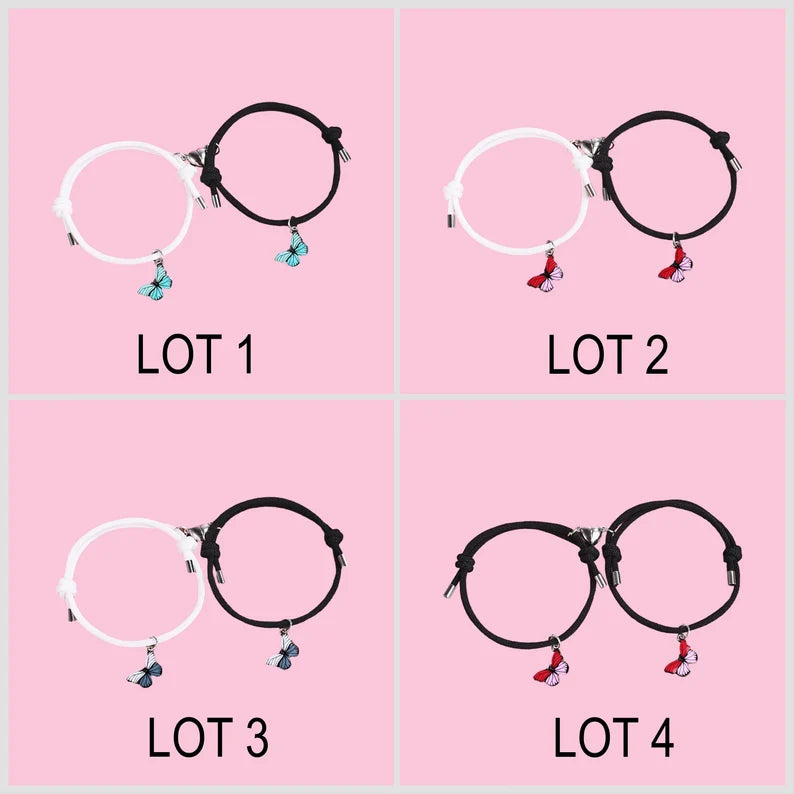 Lot de 2 Bracelets D'amitié Cordon Réglable - Papillons - BFF - Best Friends Forever - Amitié - Pendentif Aimanté Coeur