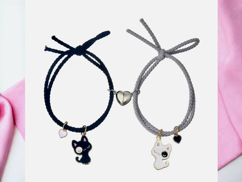 CHILD - Set of 2 Elastic Cord Friendship Bracelets Little Cat - BFF Best Friends Forever - Fantasy - Magnetic Pendant