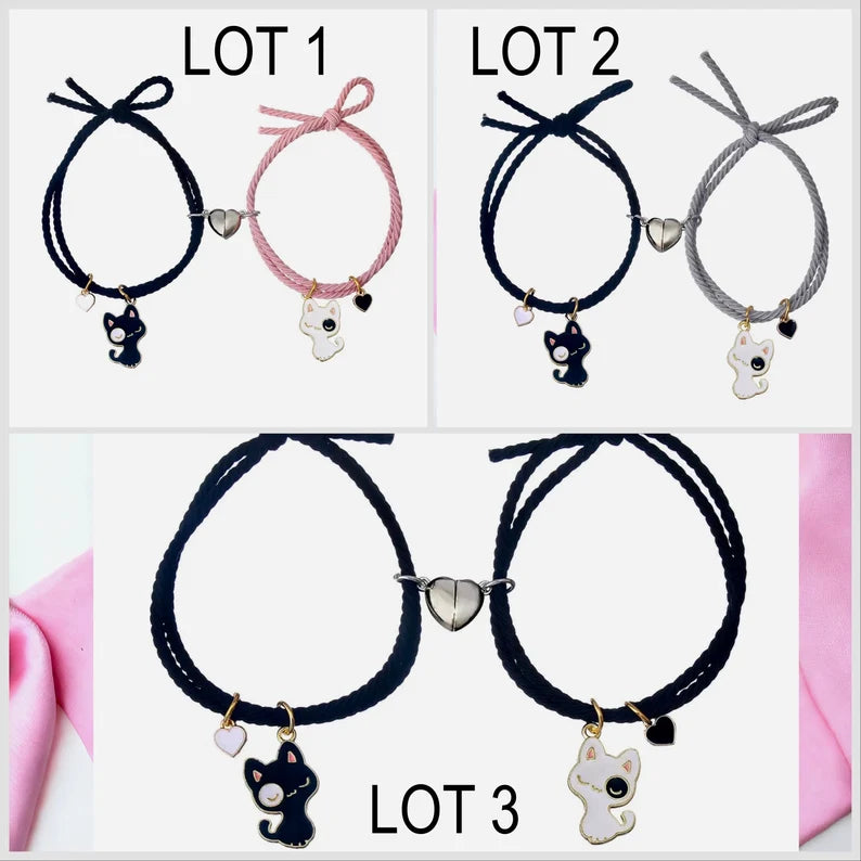 CHILD - Set of 2 Elastic Cord Friendship Bracelets Little Cat - BFF Best Friends Forever - Fantasy - Magnetic Pendant