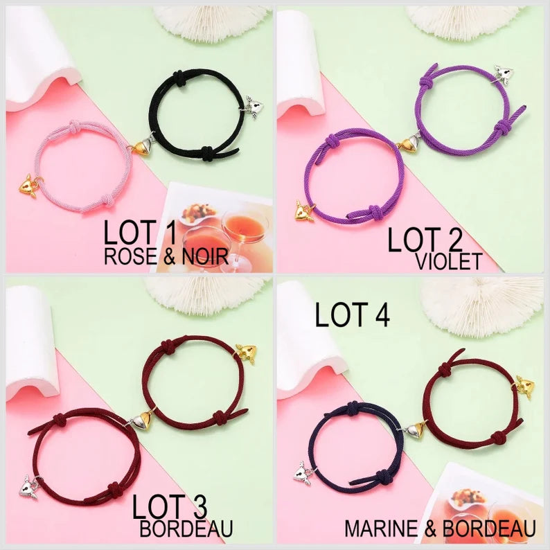 Set mit 2 verstellbaren Kordelarmbändern für Freundschaft oder Liebhaber. Geflügeltes Cadenat-Herz – BFF Best Friends Forever – Fantasy – magnetischer Paar-Anhänger