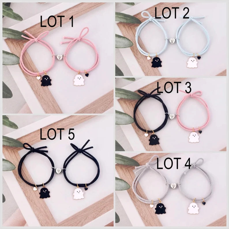 Lot de 2 Bracelets D'amitié Cordon Elastique - Petit Fantôme - BFF - Best Friends Forever - Fantaisie - Pendentif Aimanté Coeur
