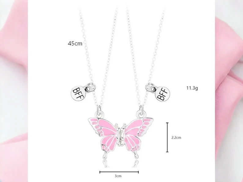 CHILDREN - Set of 2 Butterfly Friendship Necklace Chains - BFF Best Friends Forever - Fantasy - Magnetic Pendant