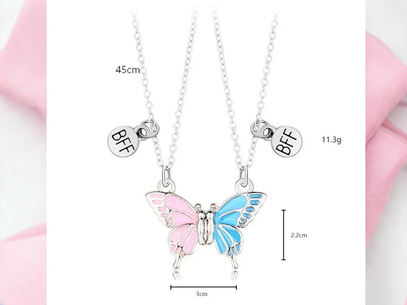 CHILDREN - Set of 2 Butterfly Friendship Necklace Chains - BFF Best Friends Forever - Fantasy - Magnetic Pendant