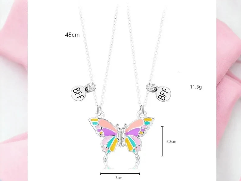 CHILDREN - Set of 2 Butterfly Friendship Necklace Chains - BFF Best Friends Forever - Fantasy - Magnetic Pendant