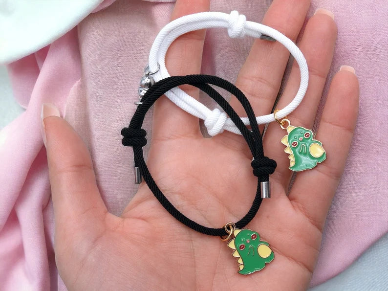 CHILD - Set of 2 Adjustable Cord Bracelets for Friendship Little Dinosaur - BFF Best Friends Forever - Fantasy - Magnetic Pendant