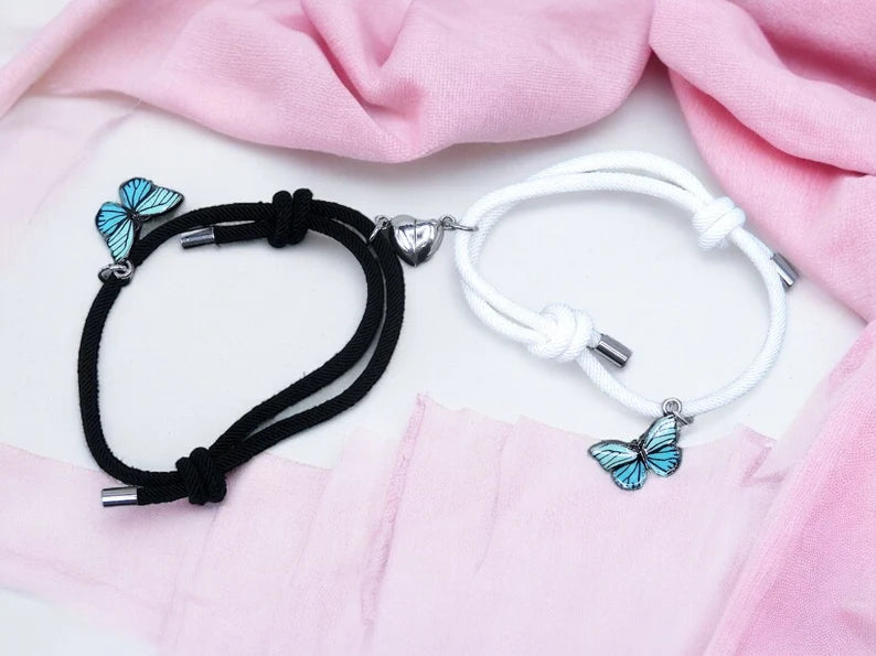 Lot de 2 Bracelets D'amitié Cordon Réglable - Papillons - BFF - Best Friends Forever - Amitié - Pendentif Aimanté Coeur