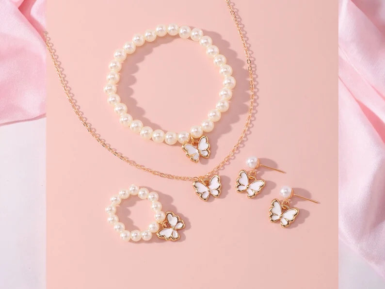 Parure 4 Pièces Papillon - Boucles Oreilles Collier Bracelet Bague - Perle Fantaisie - Mignon