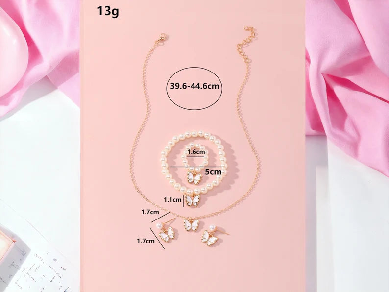 Parure 4 Pièces Papillon - Boucles Oreilles Collier Bracelet Bague - Perle Fantaisie - Mignon