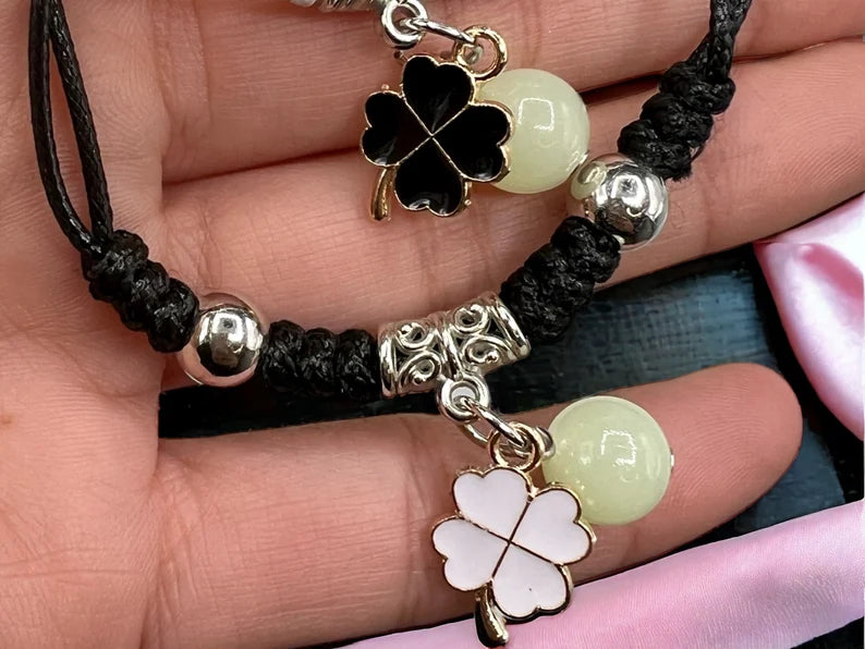 Lot de 2 Bracelets D'amitié Cordon Réglable - Trèfle 4 Feuilles - BFF - Best Friends Forever - Amitié - Pendentif Perle Phosphorescent