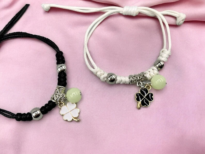 Lot de 2 Bracelets D'amitié Cordon Réglable - Trèfle 4 Feuilles - BFF - Best Friends Forever - Amitié - Pendentif Perle Phosphorescent