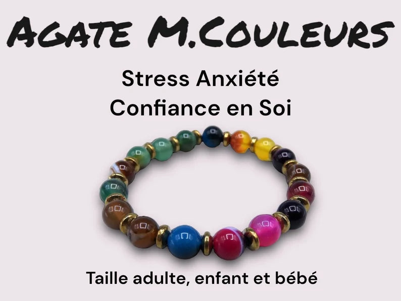 Bracelet Pierre Naturelle - Agate Multicouleur - Stress Anxiété Confiance en Soi