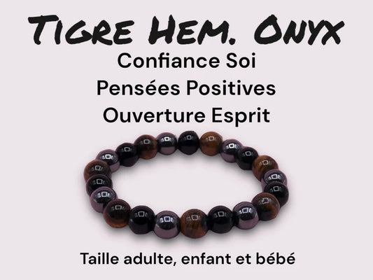 Bracelet Pierre Naturelle - Oeil du tigre Hématite Onyx - Confiance en soi Pensée Positive Ouverture d'esprit
