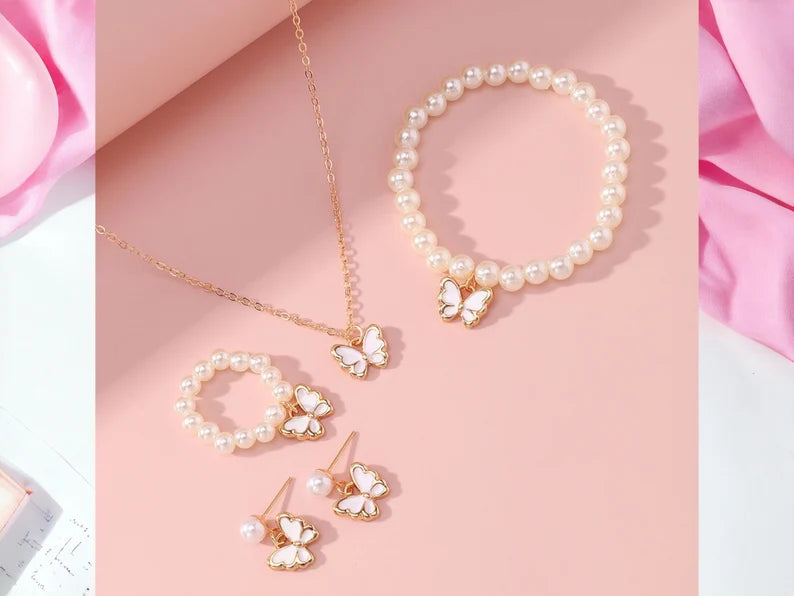 Parure 4 Pièces Papillon - Boucles Oreilles Collier Bracelet Bague - Perle Fantaisie - Mignon