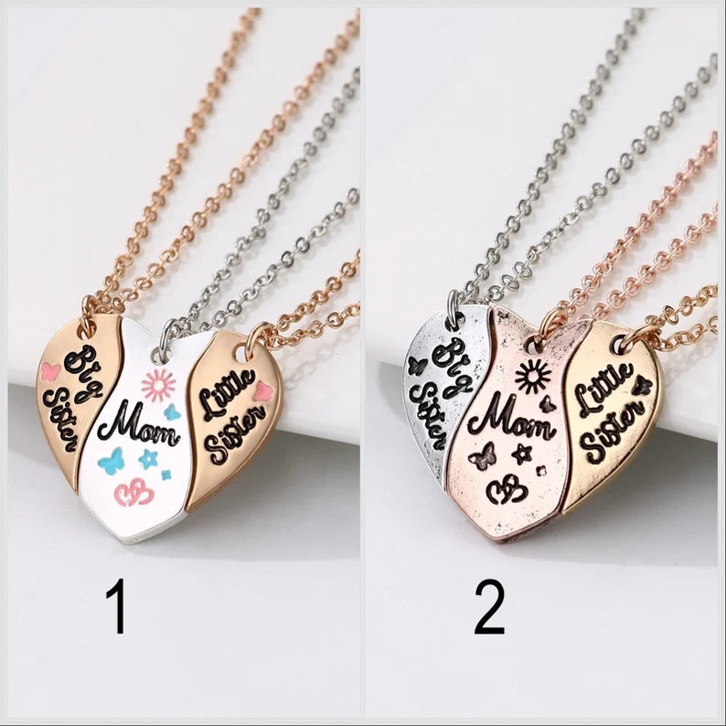 Lot de 3 Colliers Coeur - Mère Filles - Famille Parents Enfant Maman Soeur Filles - Pendentif Coeur