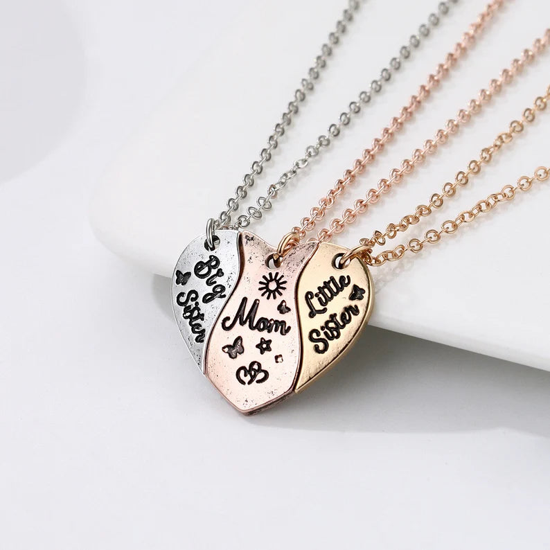 Lot de 3 Colliers Coeur - Mère Filles - Famille Parents Enfant Maman Soeur Filles - Pendentif Coeur