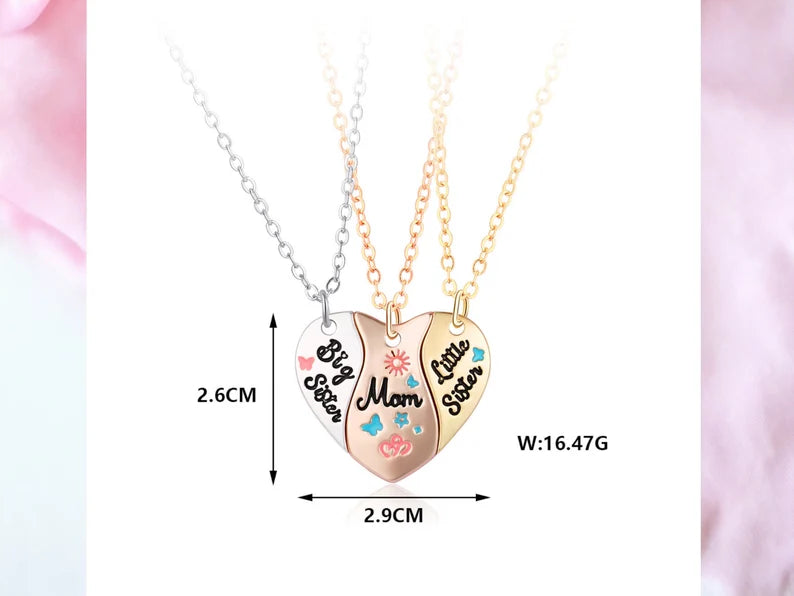 Lot de 3 Colliers Coeur - Mère Filles - Famille Parents Enfant Maman Soeur Filles - Pendentif Coeur