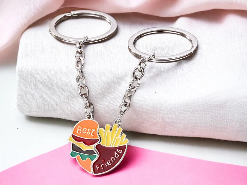 Keychain | Hamburger Fries Separated to Share | Magnetic | Lovers | Best Friends | Bag Pendant