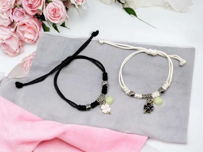 Lot de 2 Bracelets D'amitié Cordon Réglable - Trèfle 4 Feuilles - BFF - Best Friends Forever - Amitié - Pendentif Perle Phosphorescent