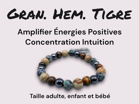 Bracelet Pierre Naturelle - Granite Multicouleur Hématite Oeil tigre - Amplifier Energies Positives Concentration Intuition