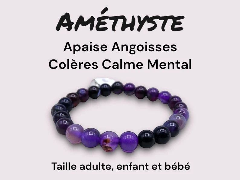 Bracelet Pierre Naturelle - Améthyste - Apaise les angoisses et les Colères Calme Mental