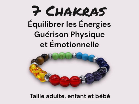 Bracelet Pierre Naturelle - 7 Chakras - Jaspe rouge Cornaline Calcite jaune Aventurine Calcite bleue Lapis-lazuli Améthyste - Equilibre
