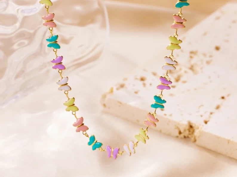 Collier Papillons Multicolore Pastel - Mignon - Acier Inoxydable