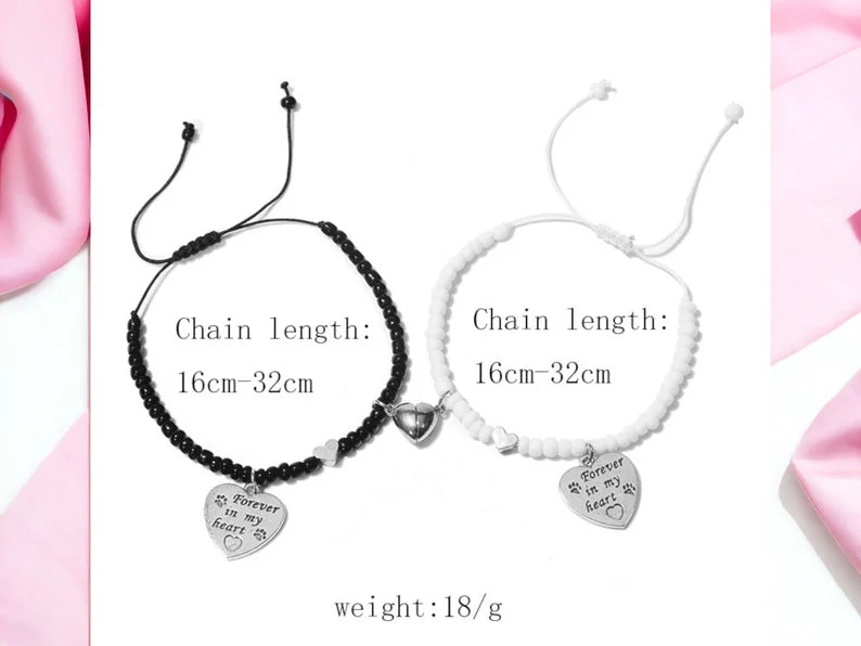 Lot de 2 Bracelets D'amitié Cordon Réglable - Coeur Aimanté - Forever in My Heart - BFF - Best Friends Forever - Amoureux Amitié - Perles