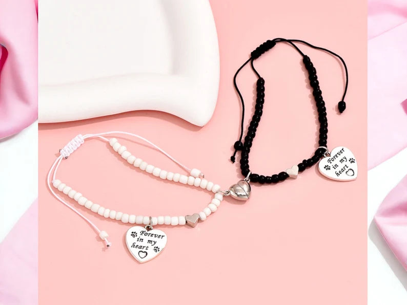 Lot de 2 Bracelets D'amitié Cordon Réglable - Coeur Aimanté - Forever in My Heart - BFF - Best Friends Forever - Amoureux Amitié - Perles