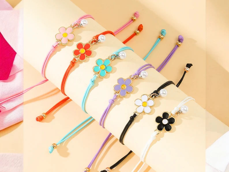 Set of 2 Adjustable Cord Friendship Bracelets Flowers and Pearl - BFF Best Friends Forever - Fantasy - Pearls