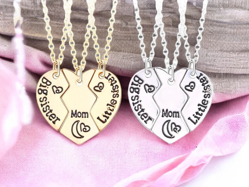 Lot de 3 Colliers Coeur - Mère Filles - Famille Parents Enfant Maman Soeur Filles - Pendentif Coeur Puzzle