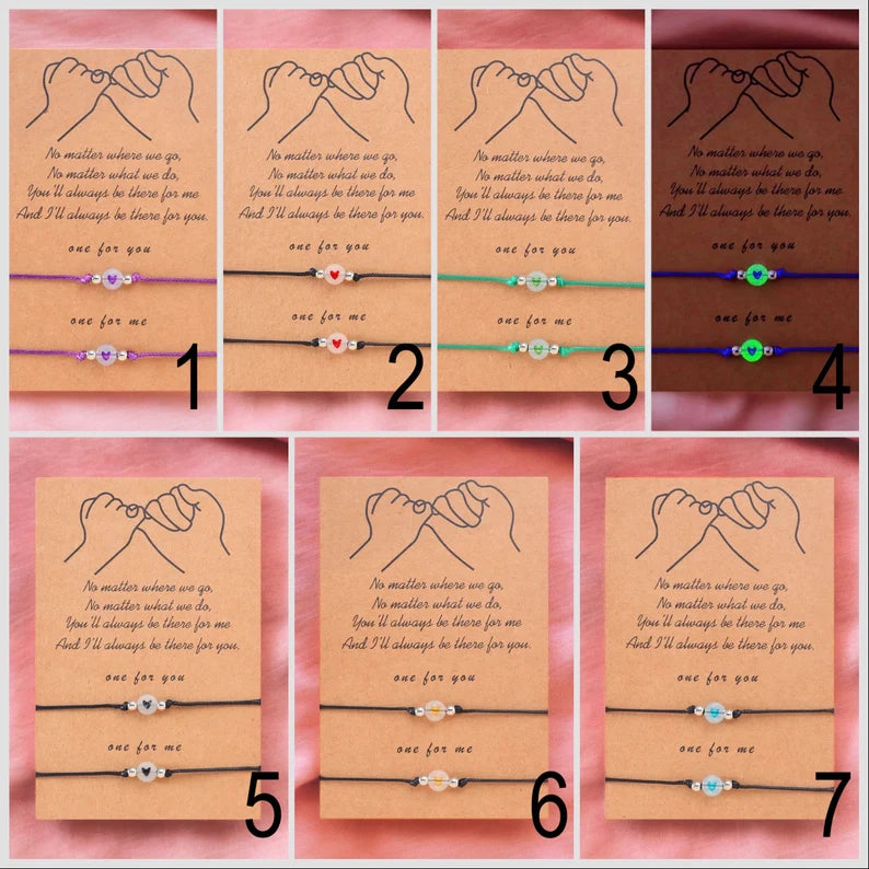 Lot de 2 Bracelets D'amitié Cordon Réglable avec Carte - Petit Coeur Phosphorescent - BFF - Best Friends Forever - Amitié