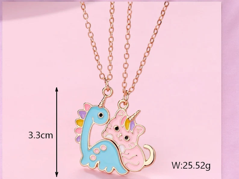 CHILD - Set of 2 Cute Unicorn Cat Dinosaur Friendship Necklaces - BFF Best Friends Forever - Fantasy - Magnetic Pendant