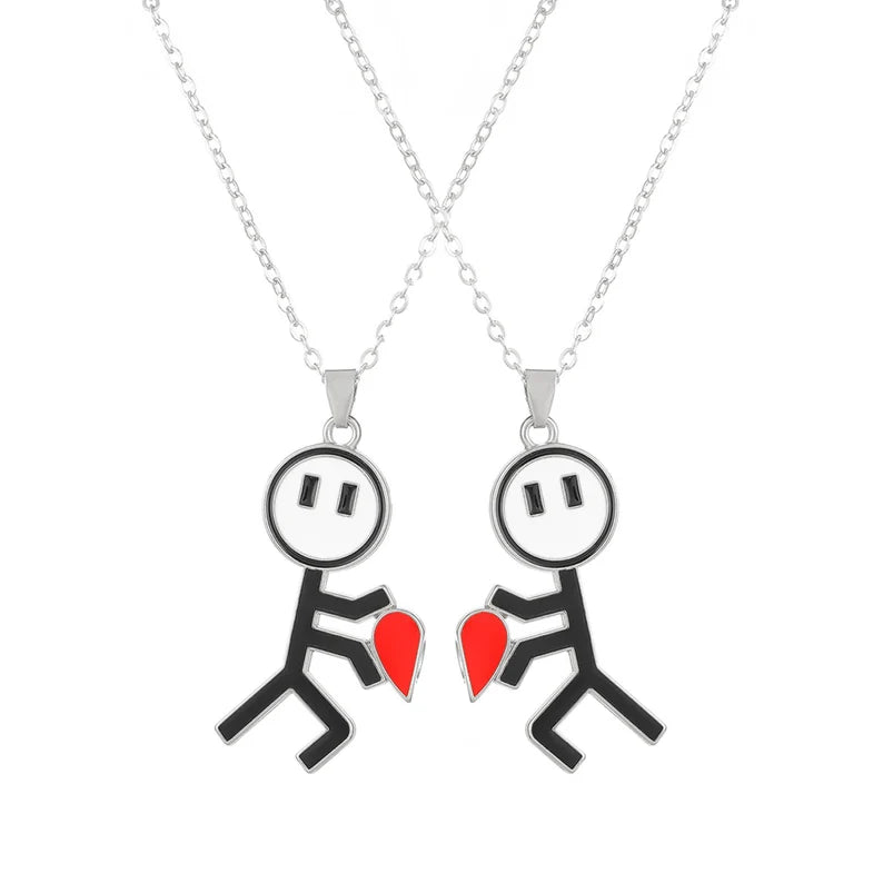 Lot de 2 Colliers D'amitié Aimanté - Petits Bonhommes avec Coeur - BFF - Best Friends Forever - Fantaisie - Amoureux Couple Amitié
