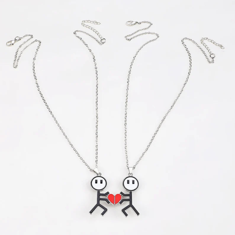 Lot de 2 Colliers D'amitié Aimanté - Petits Bonhommes avec Coeur - BFF - Best Friends Forever - Fantaisie - Amoureux Couple Amitié