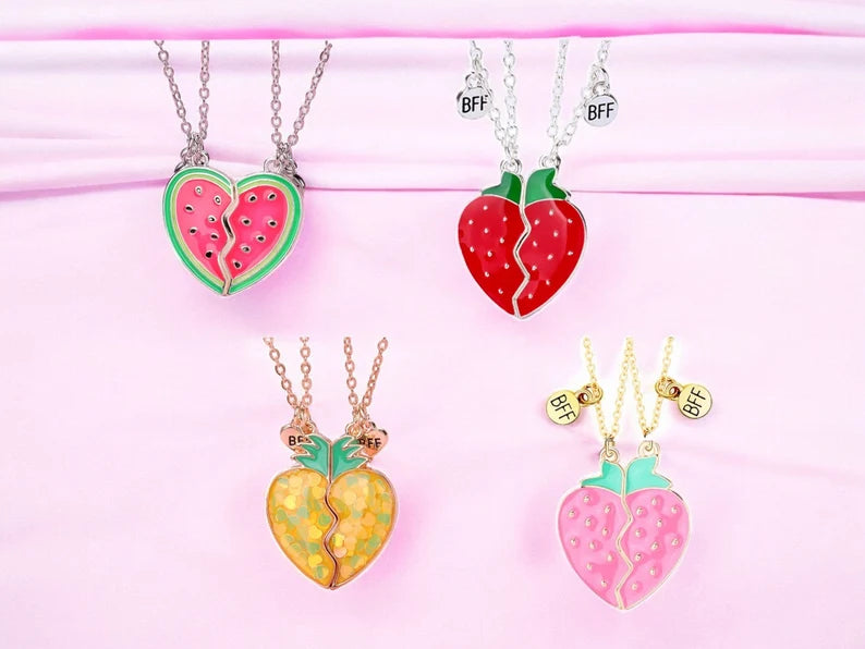 CHILDREN - Set of 2 Fruit Heart Friendship Necklace Chains - BFF Best Friends Forever - Fancy - Cute Magnetic Pendant