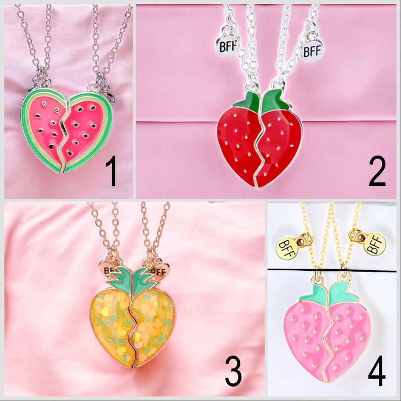 CHILDREN - Set of 2 Fruit Heart Friendship Necklace Chains - BFF Best Friends Forever - Fancy - Cute Magnetic Pendant