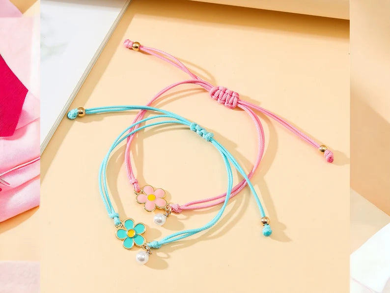 Set of 2 Adjustable Cord Friendship Bracelets Flowers and Pearl - BFF Best Friends Forever - Fantasy - Pearls