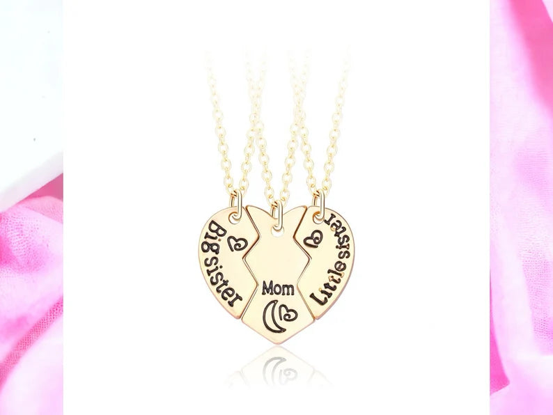 Lot de 3 Colliers Coeur - Mère Filles - Famille Parents Enfant Maman Soeur Filles - Pendentif Coeur Puzzle
